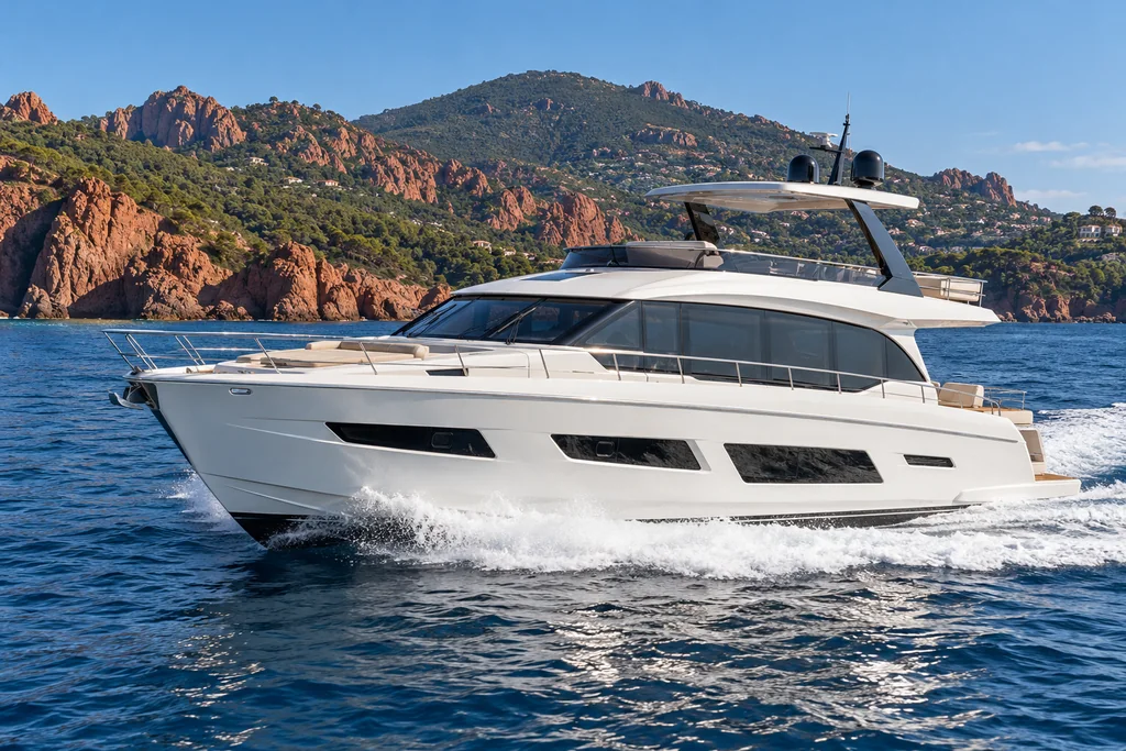 Motor yacht off Mandelieu with its hull and deck layout visible